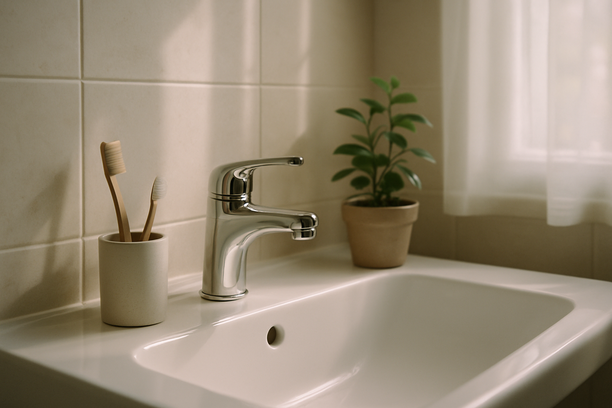 alt_text: A serene bathroom sink with a toothbrush holder and potted plant, illuminated by gentle morning light.