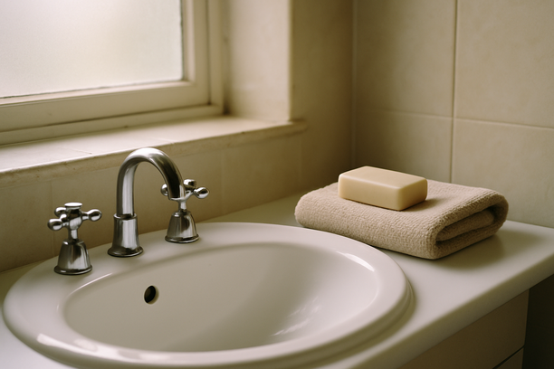 alt_text: A serene bathroom sink area features a bar of soap and a towel in gentle natural light.