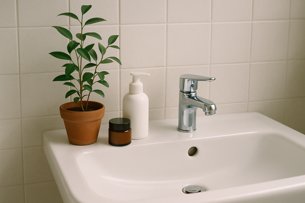 alt_text: A serene bathroom sink with a potted plant and skincare, promoting calm and cleanliness.