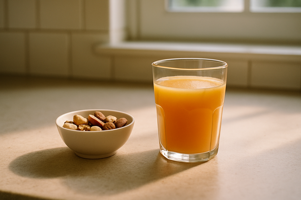 alt_text: A glass of fruit juice and a bowl of mixed nuts on a sunlit kitchen counter.