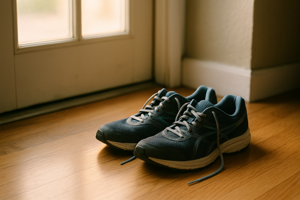 alt_text: A pair of running shoes near a door, basking in soft morning sunlight.