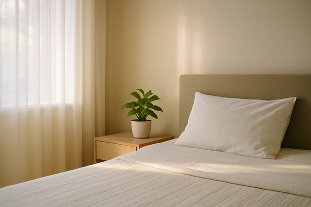 alt_text: A serene bedroom corner with morning light, a tidy bed, and a potted plant on the nightstand.