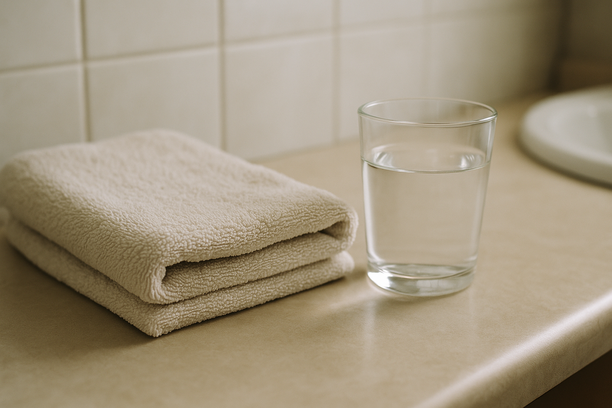 alt_text: A folded towel next to a glass of water on a bathroom counter.