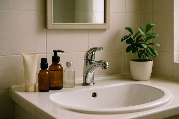 alt_text: A serene bathroom sink with organized toiletries and a plant, evoking tranquility.