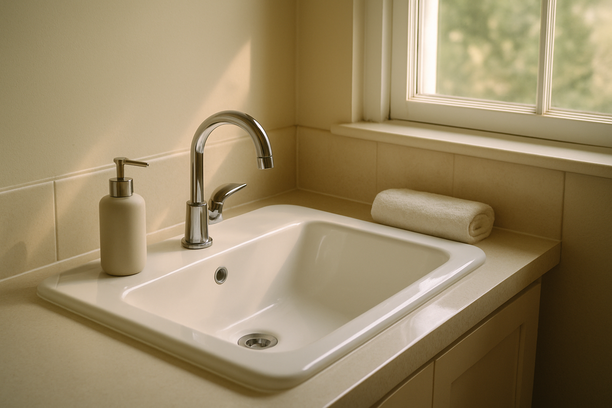 alt_text: A serene bathroom sink area bathed in soft morning light, highlighting its clean surfaces.