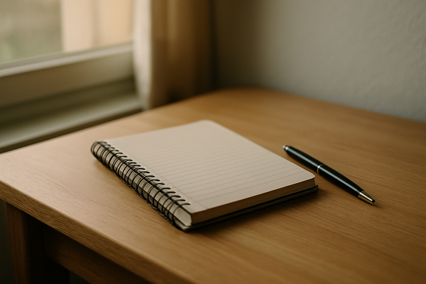 alt_text: A minimal desk setup featuring a notepad and a pen under soft, natural window light.