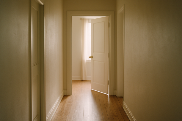 alt_text: A serene hallway with soft lighting, leading to an inviting, slightly open door.