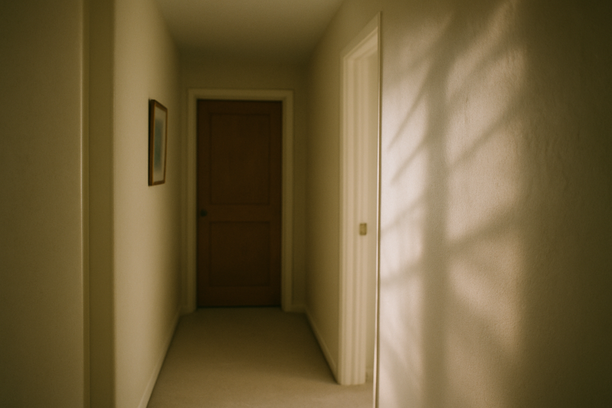 alt_text: A serene hallway illuminated by soft natural light, with gentle shadows on the walls.