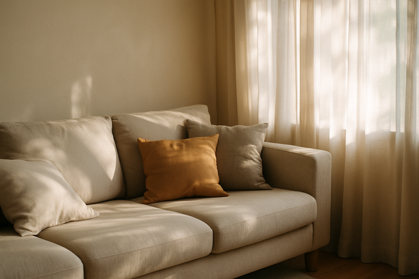 alt_text: A cozy living room corner with a soft sofa, cushions, and sunlight shining through curtains.