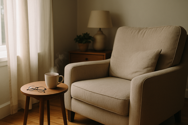 alt_text: A cozy living room corner with an armchair, a side table, a steaming cup of tea, and glasses.