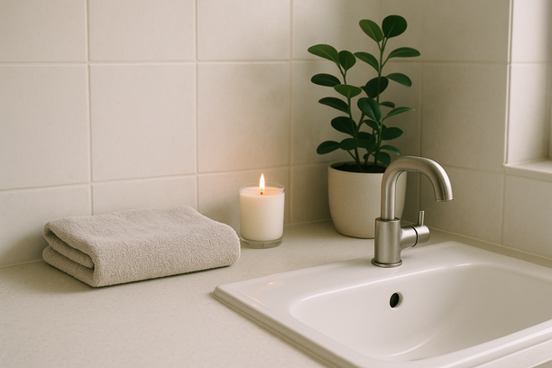 alt_text: A serene bathroom sink with a folded towel, candle, and a small potted plant.