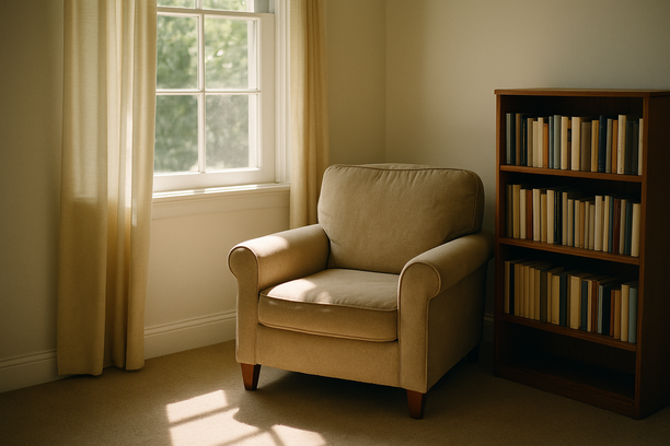 alt_text: Sunlit living room corner with a plush armchair and a small bookshelf of untouched books.