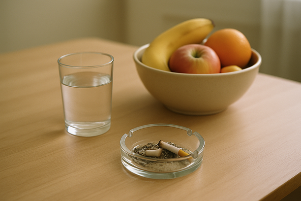 alt_text: A simple kitchen table featuring an ashtray, a glass of water, and a bowl of fruit.