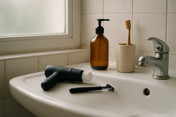 alt_text: A serene bathroom sink with soft light, showcasing a minimal arrangement of grooming essentials.