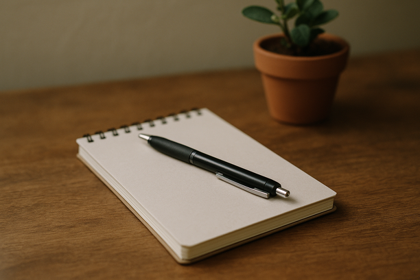alt_text: A notepad and pen sit on a wooden table beside a small potted plant, creating a serene workspace.