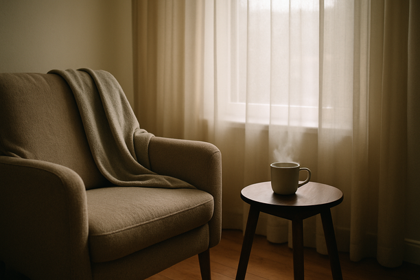 alt_text: A serene living room corner with soft light, a cozy chair, and a steaming cup of tea.