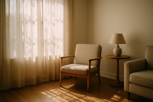 alt_text: A serene living room corner bathed in soft sunlight, featuring a simple chair and gentle shadows.