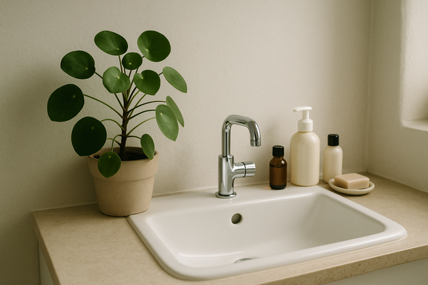 alt_text: A serene bathroom sink area with a potted plant and tidy toiletries, radiating tranquility.