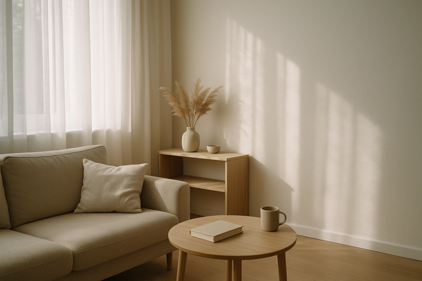 alt_text: Serene living room corner bathed in morning light, featuring minimalistic decor and soft shadows.