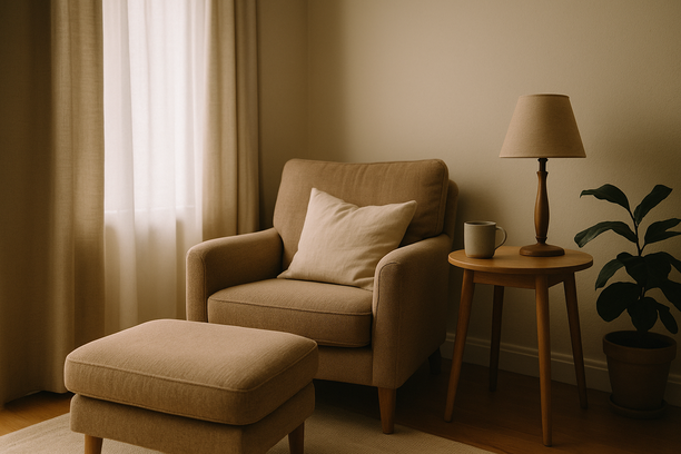 alt_text: A peaceful living room corner with a comfy chair and side table, exuding calm and introspection.