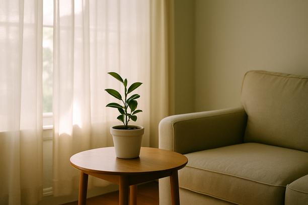 alt_text: A serene living room corner bathed in morning light, featuring a potted plant on a table.