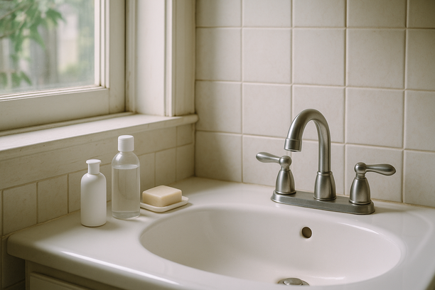 alt_text: A serene bathroom sink with natural light and simple hygiene items, creating a clean atmosphere.