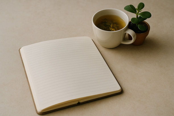 alt_text: An open journal, a cup of herbal tea, and a potted plant on a table, inviting quiet reflection.