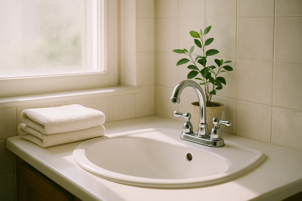 alt_text: A serene bathroom sink area featuring clean towels and a potted plant in bright natural light.