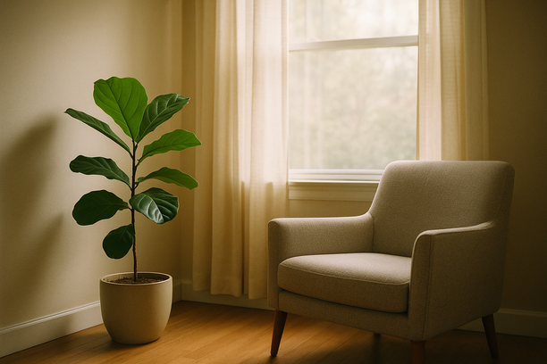 alt_text: A serene living room corner bathed in soft morning light, showcasing a potted plant and armchair.