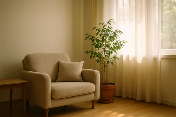 alt_text: A serene living room corner featuring a chair and a potted plant with soft morning light.