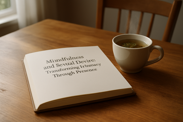 alt_text: A journal and a steaming cup of herbal tea on a wooden table, softly lit by natural light.