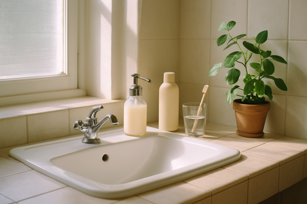 alt_text: Bright bathroom sink with sunlight, minimal toiletries, and a green plant nearby.