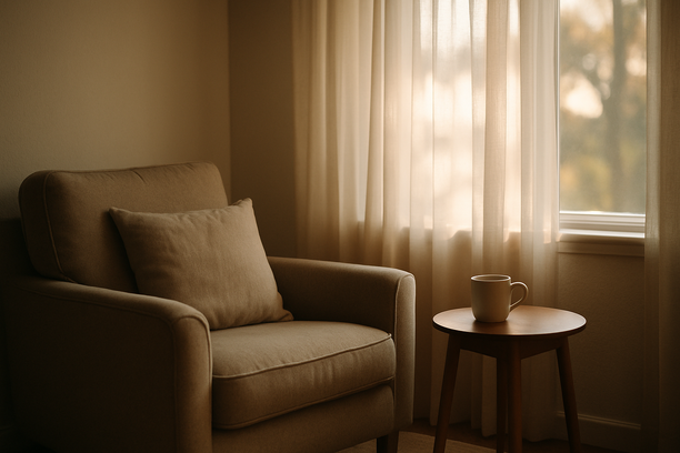 alt_text: A cozy living room corner with an armchair, tea, and sunlight streaming through sheer curtains.