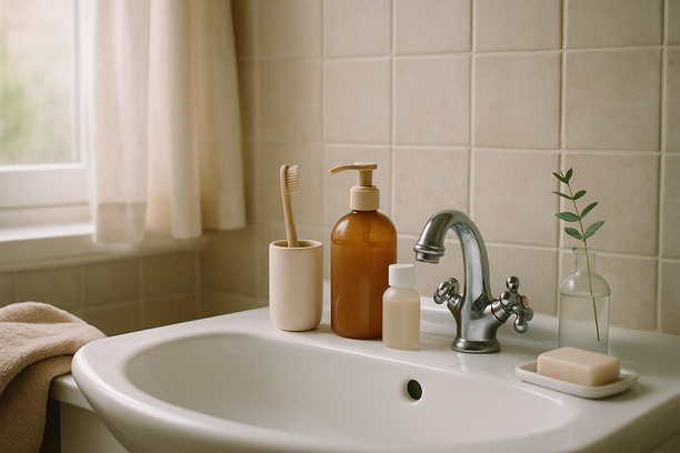 alt_text: A tranquil bathroom sink bathed in natural light, showcasing neatly arranged care items.
