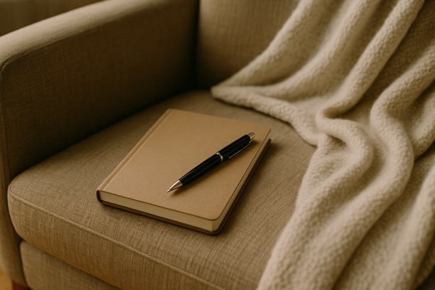 alt_text: A journal and pen on a cozy armchair, inviting reflection on personal health and well-being.