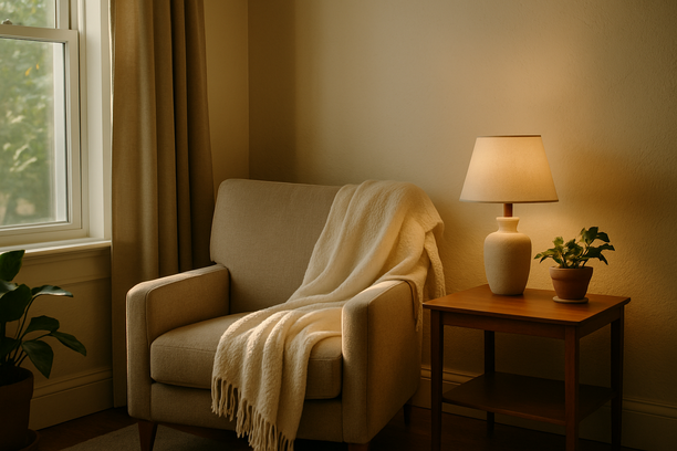 alt_text: A cozy living room corner with a chair and a throw blanket, bathed in warm light.